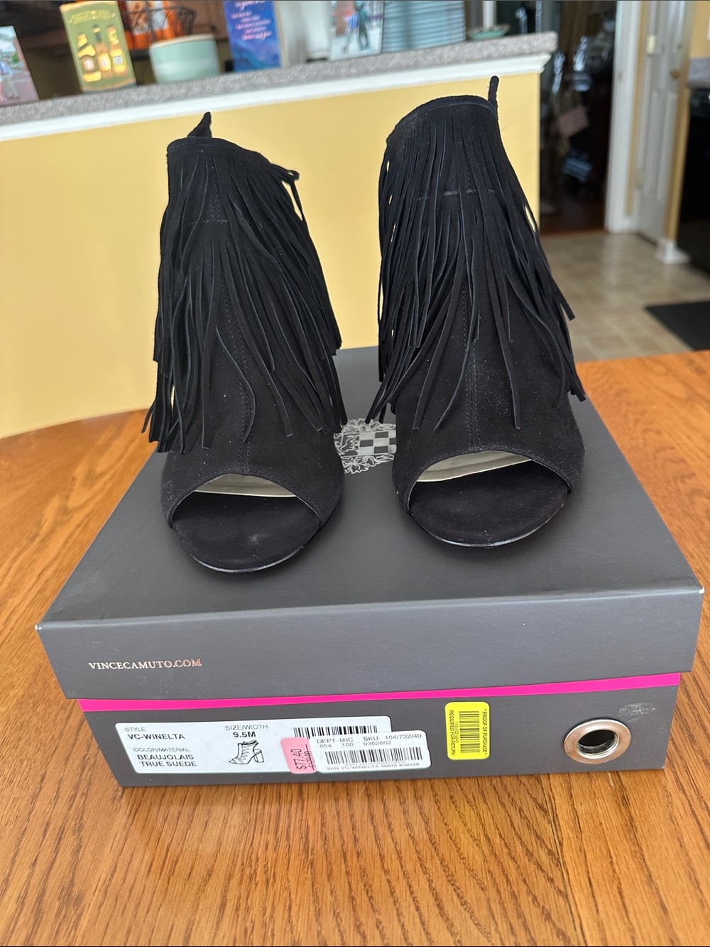 Vince Camuto Black Suede Fringe Peep Toe Booties